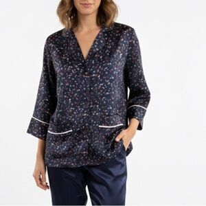 NWT Semicouture Navy Blue Ditsy Floral Button Front Blouse Long Sleeve Sz 46